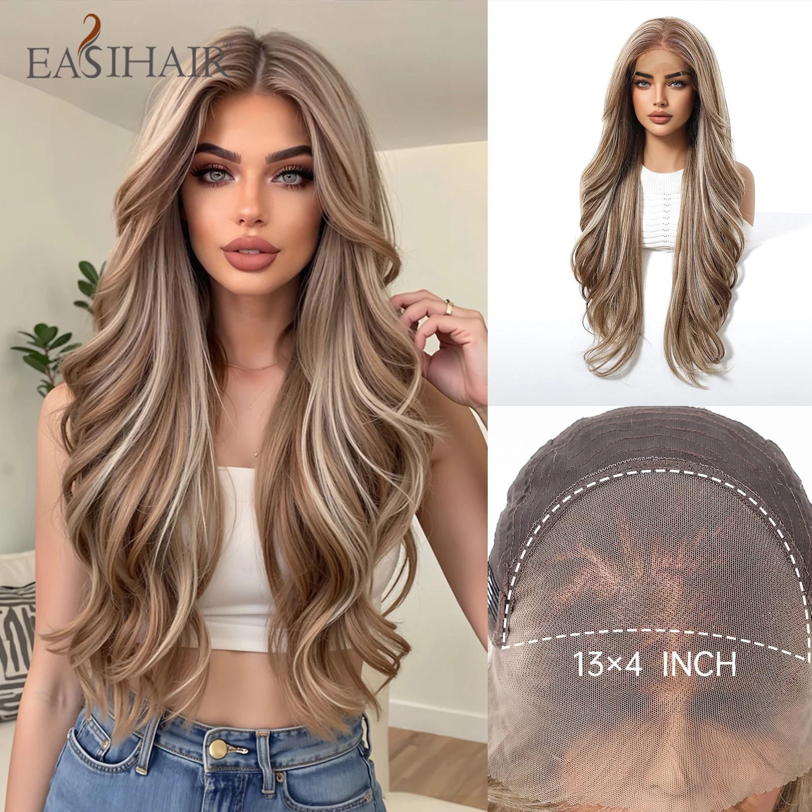 28 Inch Long Wavy Brown Highlight Wigs for Women Synthetic Lace Front Wigs Premium Synthetic Hair for Party Daily Use Cosplay
