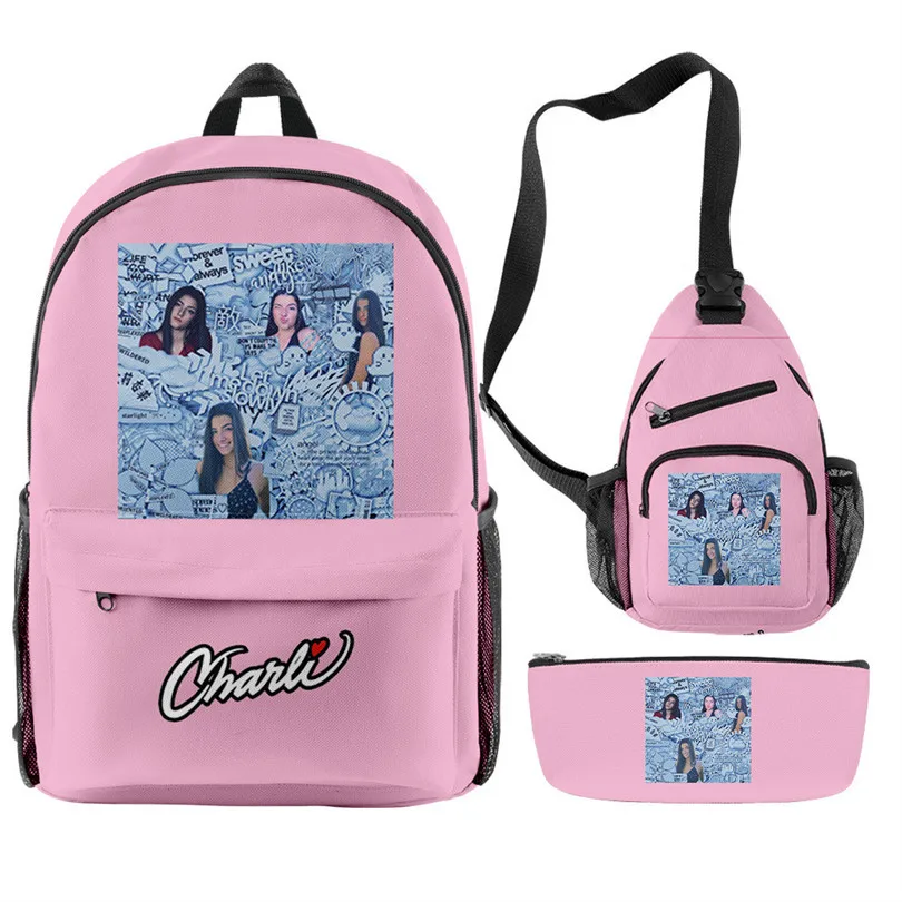 Hip Hop Popular Charli D'amelio Candy Color 3D Print 3pcs/Set pupil School Bags Travel Laptop Backpack Chest Bag Pencil Case