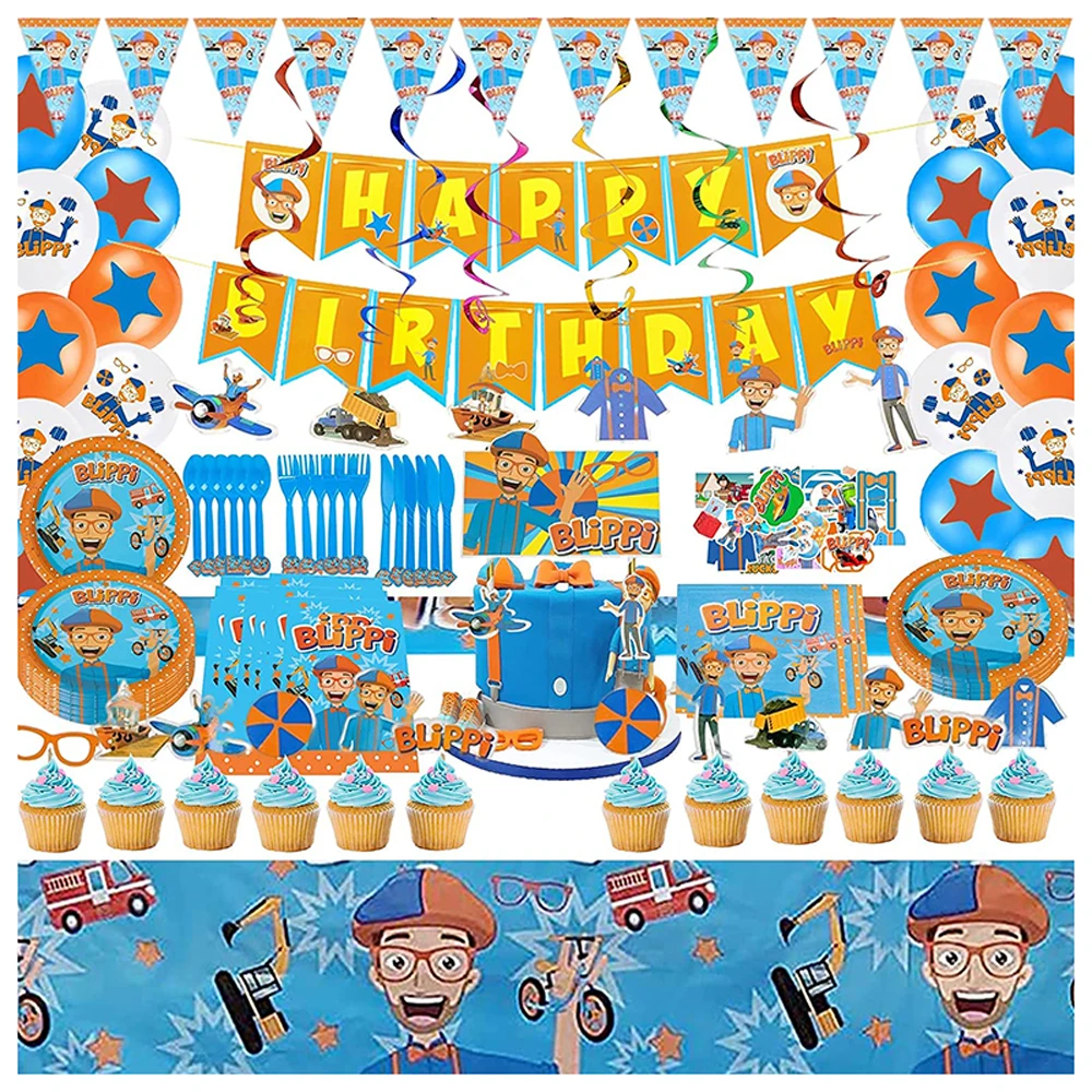 Blippiing Theme Birthday Party Decorations Tableware Tablecloth Balloon Cake Topper Backdrop for Boys Girls Baby Shower Supplies