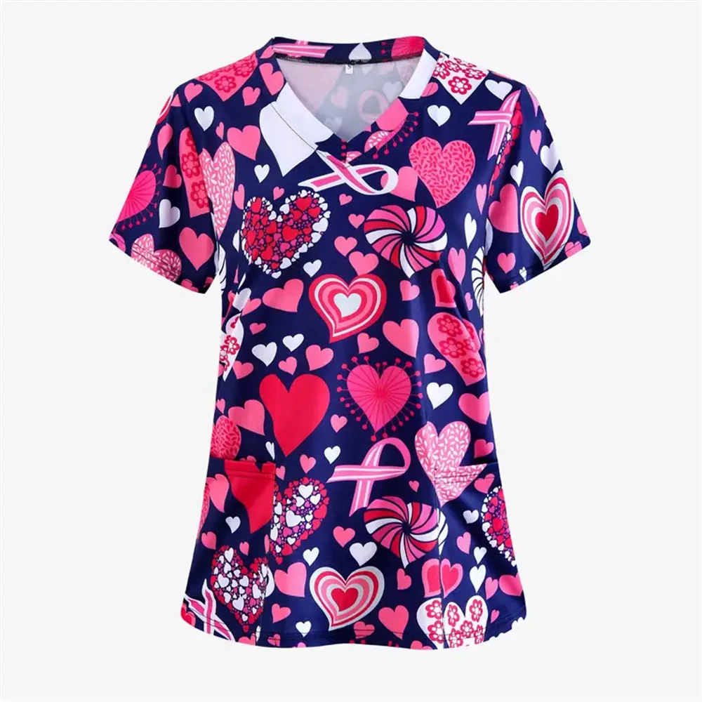 Love Nursing Scrubs Tops Nurse Uniform Animal 3d Print T-shirt Women Fashion V-neck Pocket Overalls Medical Uniforms Workwear