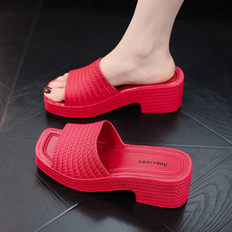 Summer Women Modern Slippers Wedges heels Solid Color PVC Slides Woman Beach Platform Slippers New Square Heel Outside Sandals