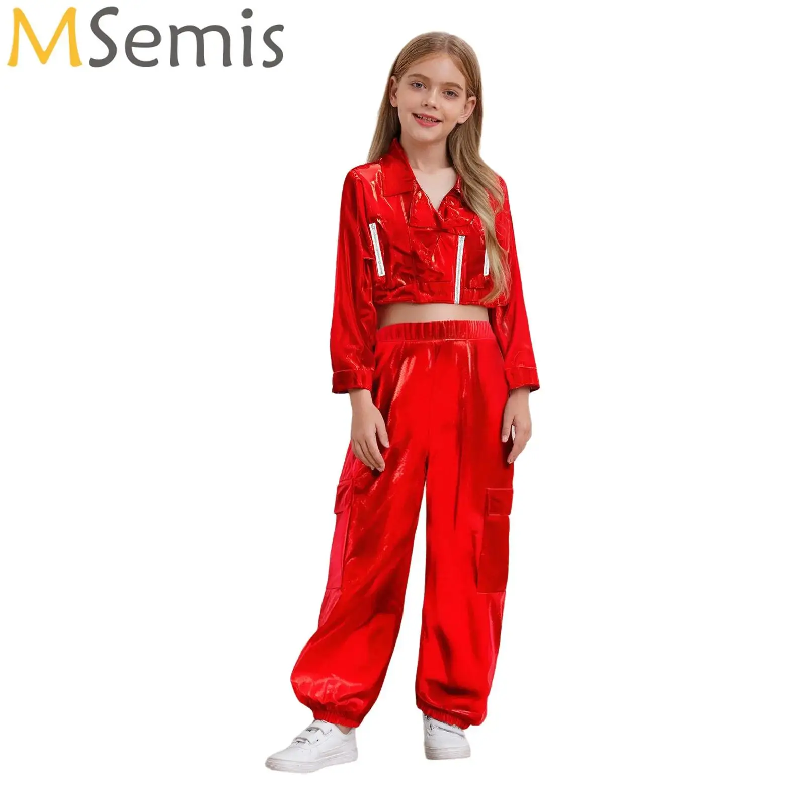 

Kids Boys Girls Metallic Hip-Hop Jazz Dance Costumes Long Sleeve Turn-Down Collar Jacket Coat Outwear+Pants Sets Streetwear