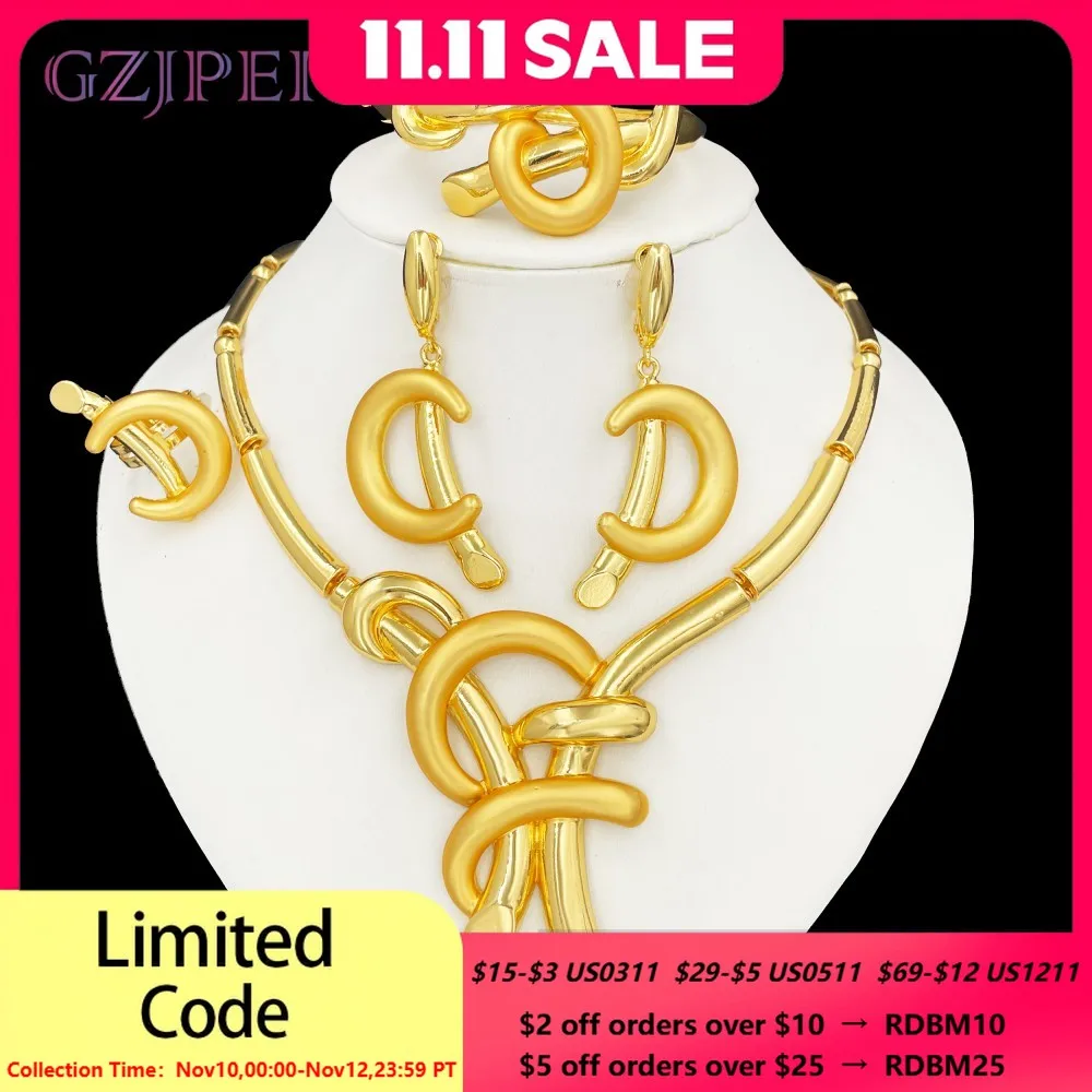 

GZJPEI Moon Shape Jewelry Set Big Choker Necklace Bracelet Crescent Stud Earring Ring 18K Gold Plated Wedding Gift 2025 New