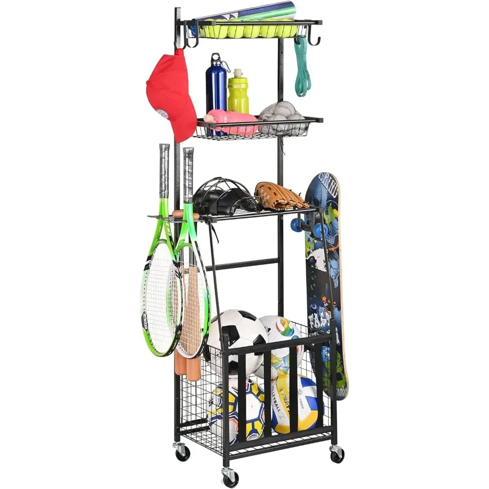 Sports Equipment Storage for Garage,  Ball Storage Garage Organizer with Basket and Hooks, Storages Systems Sports Gear Storage