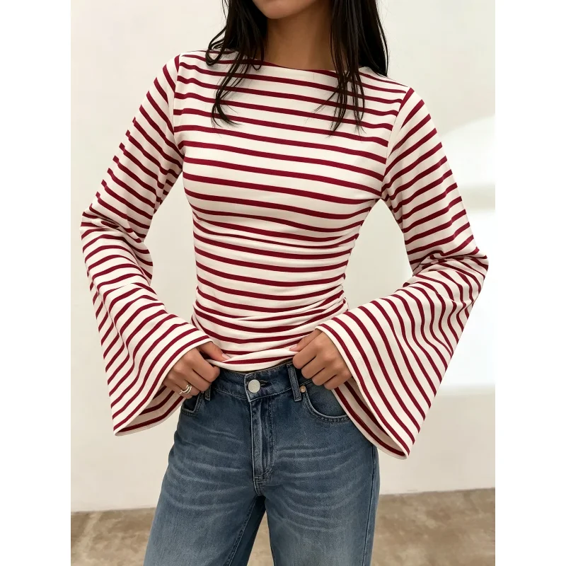 Korea New Autumn Winter Classic Striped Boat Neck T Shirt Women Flare Long Sleeve Slim Fit Simple Casual Streetwear Blouse Tops