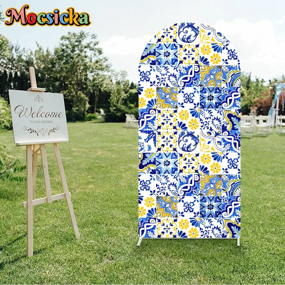 

Mocsicka Arch Cover Bridal Shower Baby Shower Backdrop Polyester Blue And White Porcelain Double-Sided Arch Backdrop Decor Prop