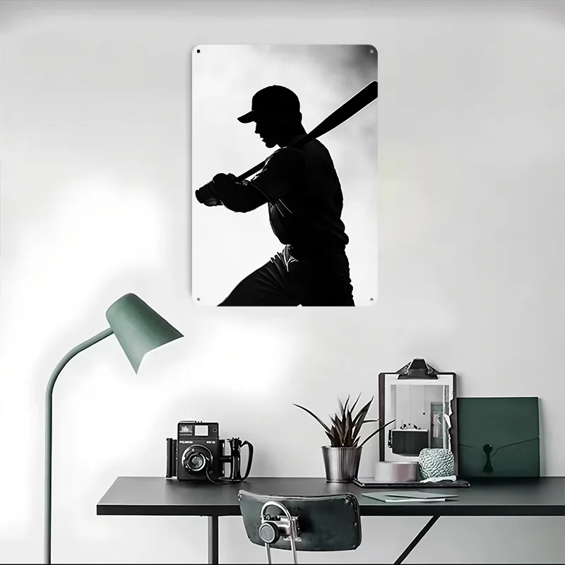 صورة ظلية لاعب البيسبول مع ملصقات مطبوعة على شكل خفاش قابلة للتخصيص على الحائط علامات قصدير معدنية عتيقة لحديقة غرفة المنزل