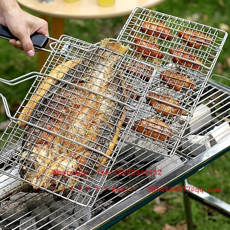 Outdoor BBQ Net Basket Clip Multifunctional Foldable with Handle Thickened Stainless Steel Grilled Fish Splint