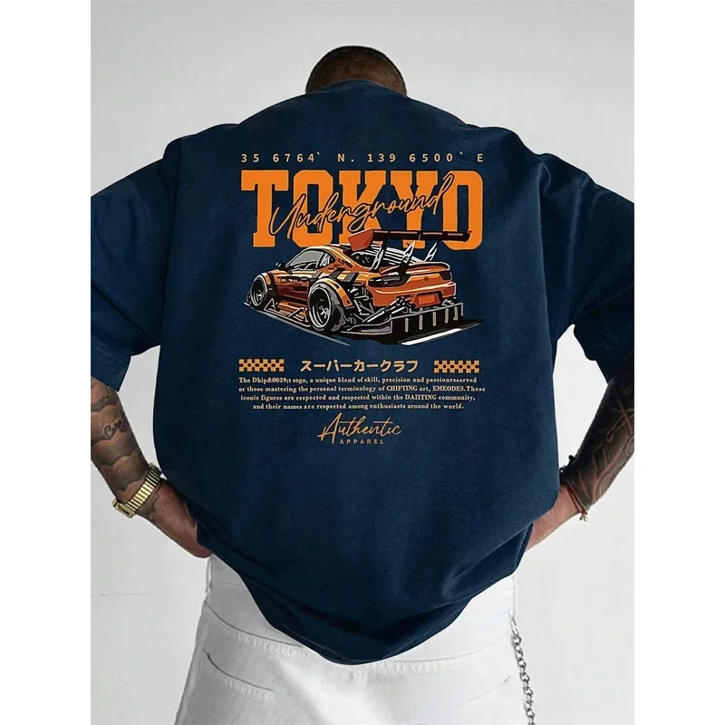 Mens 100% Cotton Short Sleeve T Shirt Summer Casual Loose Large Size Japanese Tokyo Pattern Printed Round Neck Top
