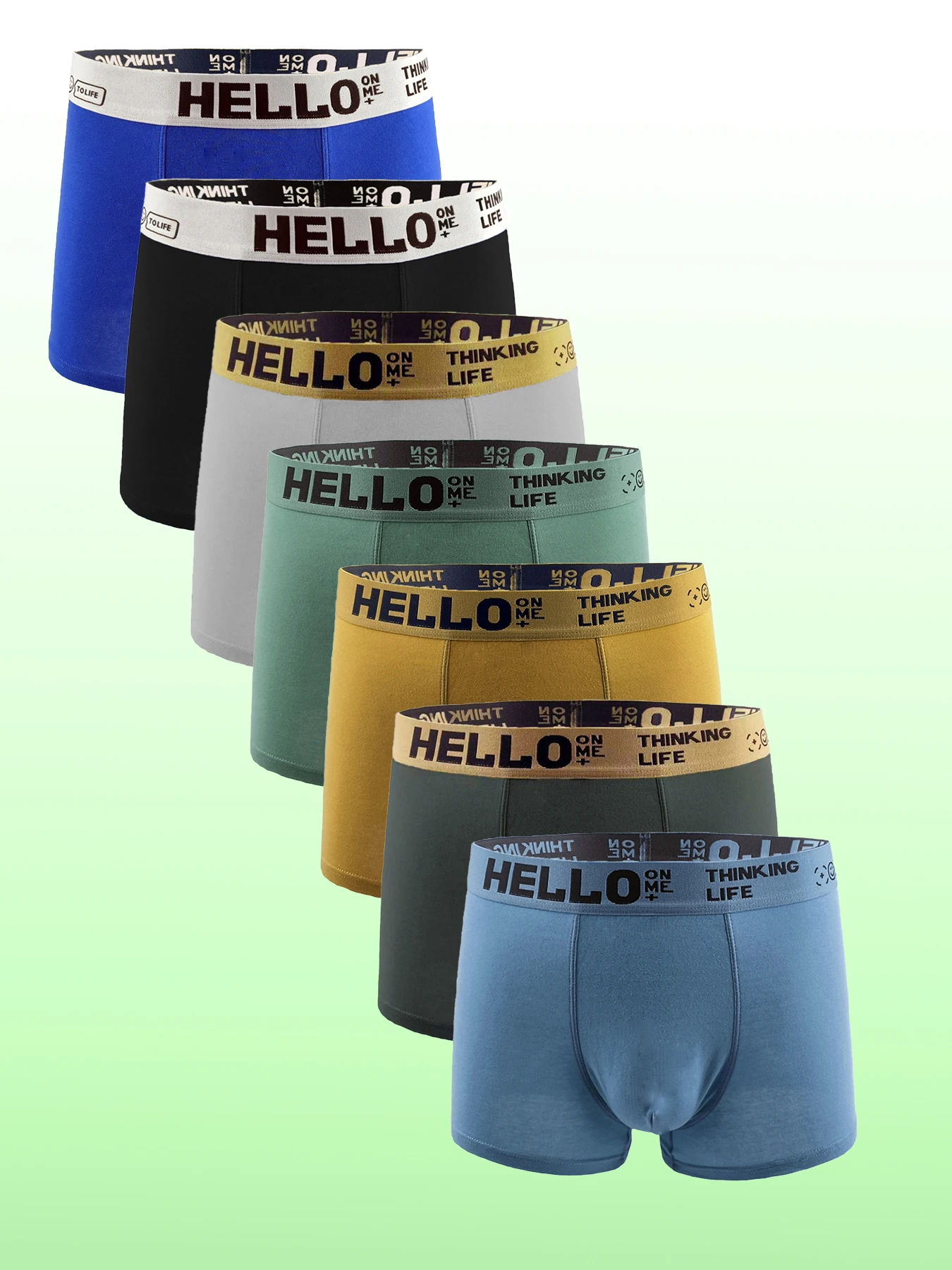 

Men's 7-Piece Cotton Boxer Briefs Set - "HELLO" Logo Waistband, Assorted Multi-Color (Blue, Black, Gray, Green & More) Underwear