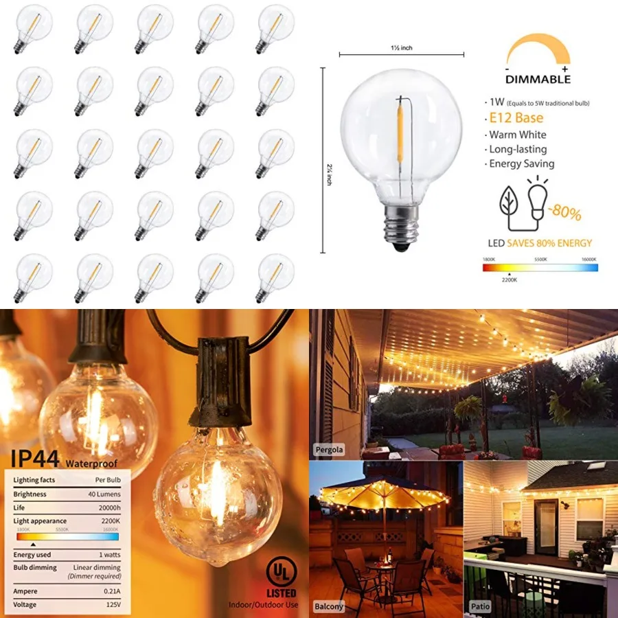 

G40 Led Replacement Light Bulbs 1W Shatterproof Globe Bulb fits E12 or C7 Candelabra Screw Base Sockets, 1.5 Inch Dimmable Ligh