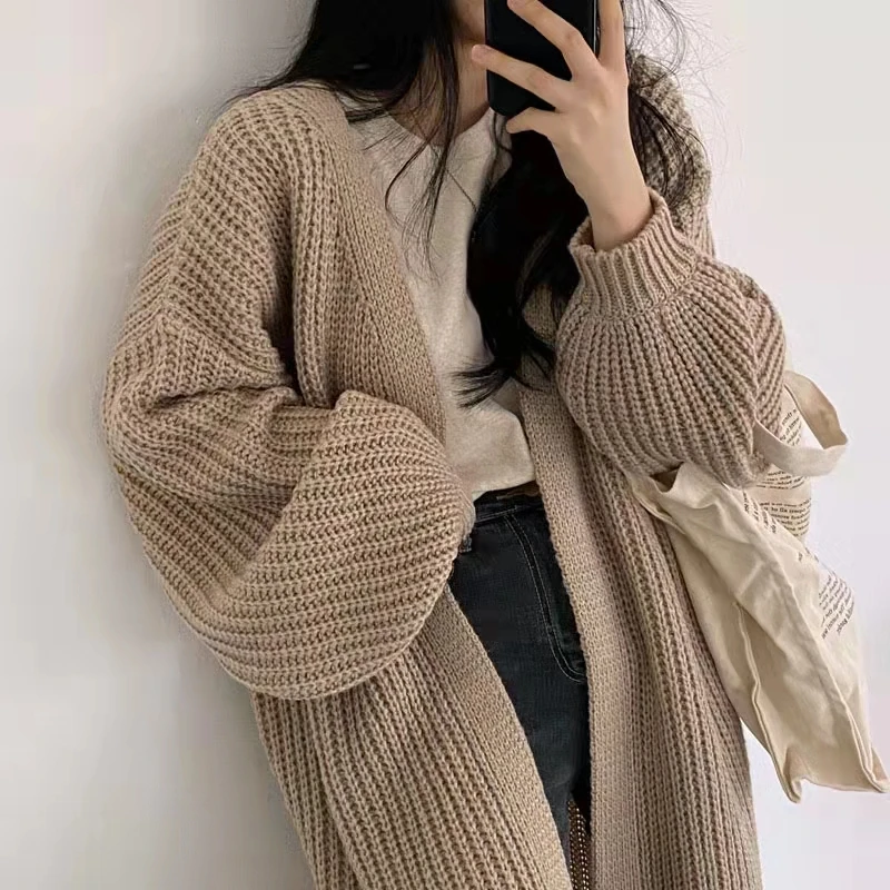 

Chic Long Sve V-Ne Open Cardigan Knitted Loose Lantern Sve Sweater Outerwear Simple Lazy Sle Spring Autumn Faion