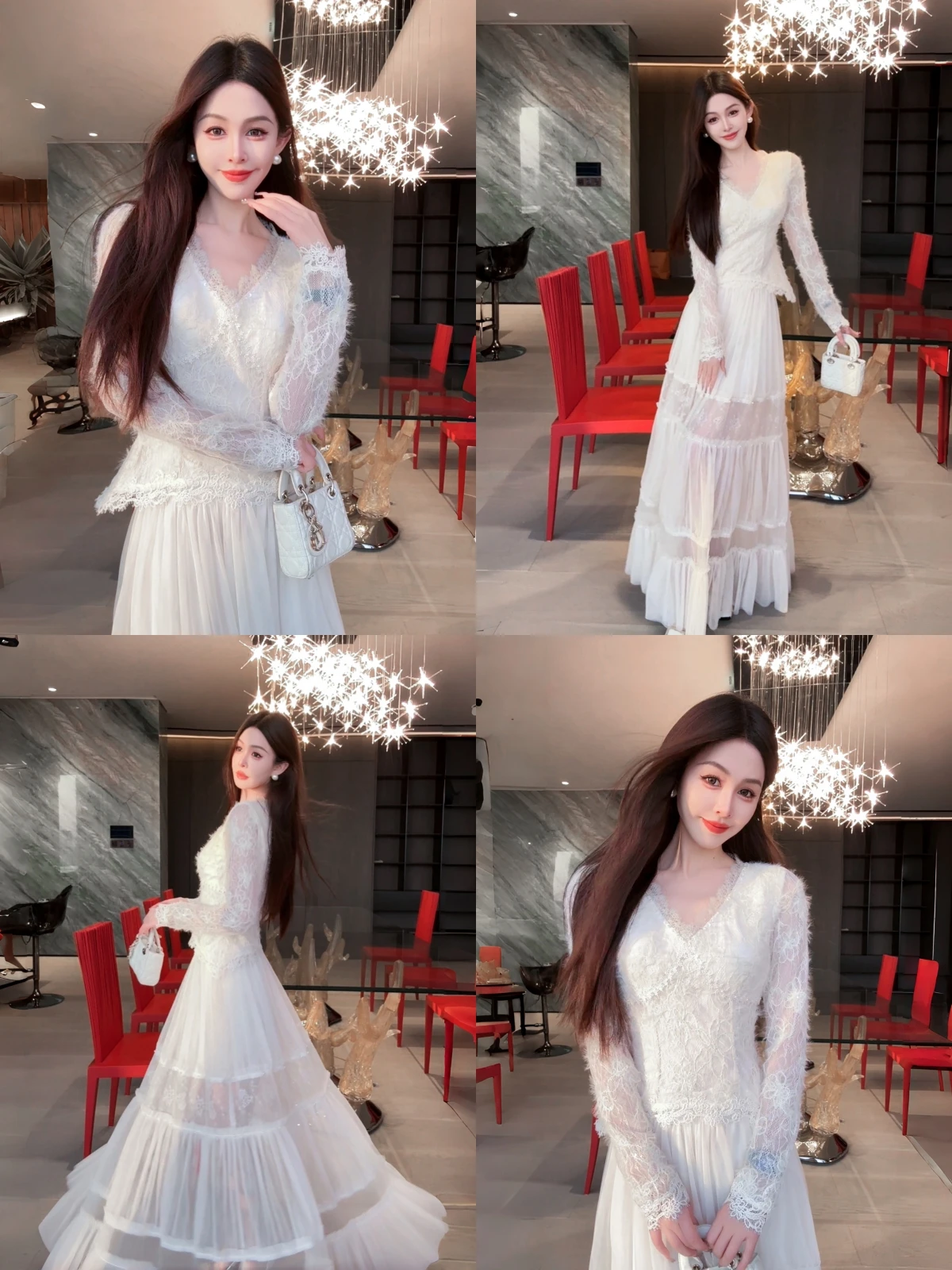 

Romantic Lace Base V-ne Top And Tulle Skirt f-length Ensemble by Yuxiao Xiao Ele Pure Color Polyester Fiber Long Sve