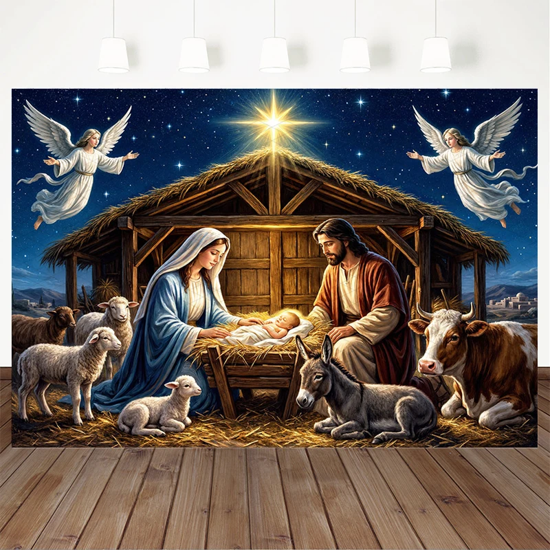 Mocsicka Nativity Scene Backdrop Christmas Holy Family Manger Angel Star Bethlehem Background Church Religious Photo Studio Prop