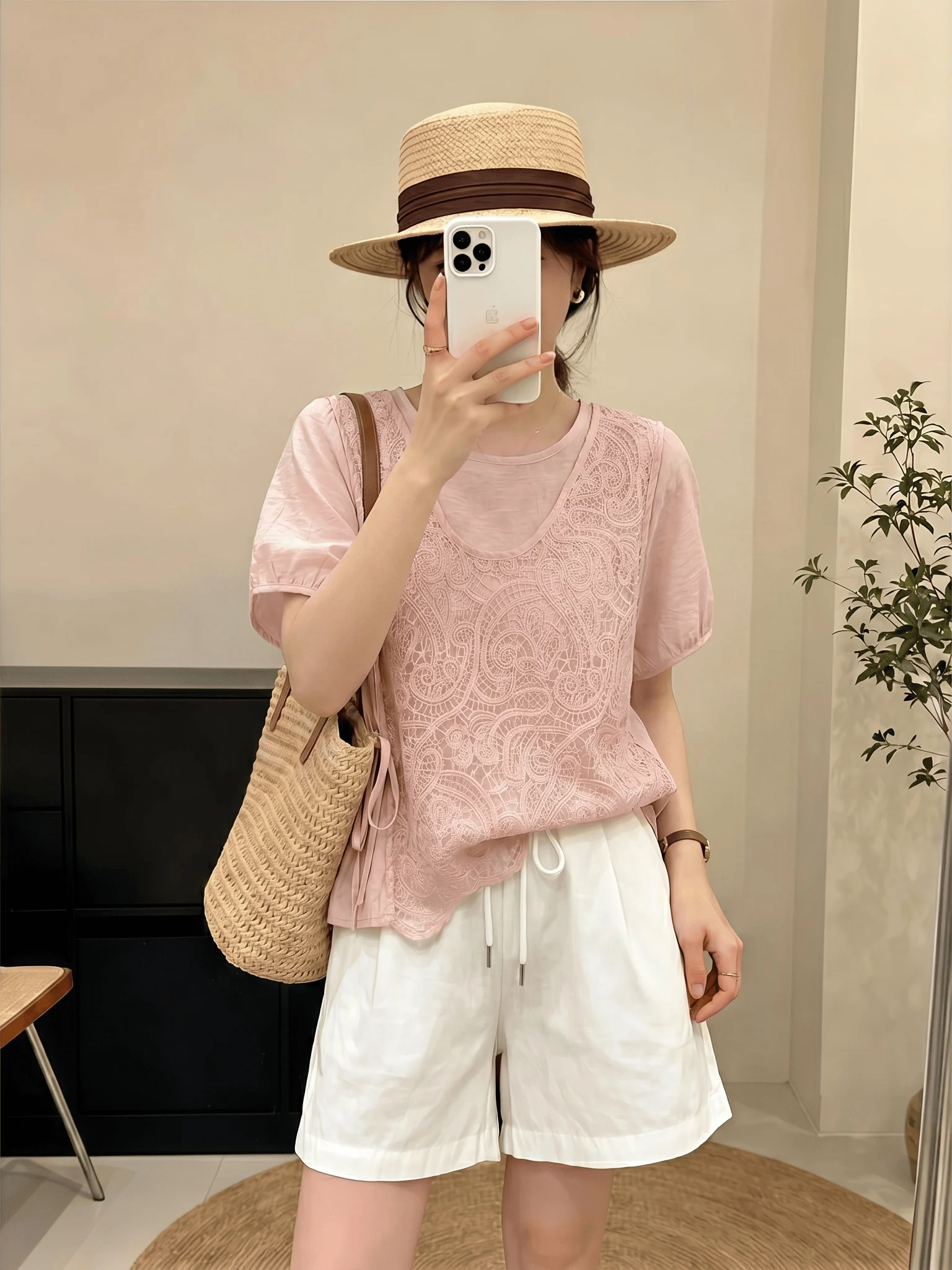 

Pink Lace Hollow out Short Sleeve Shirt Women's Summer New plus Size Big MM Fake Two-Piece Top Korean Style Loose Fit Commute