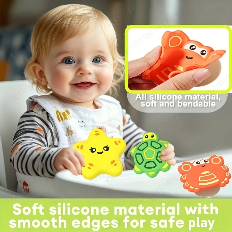 3 SZT. Zabawki dla niemowląt, karuselki z motywem zwierząt morskich, ABS, przyssawka, kręciołek, antystresowe zabawki do kąpieli dla dzieci