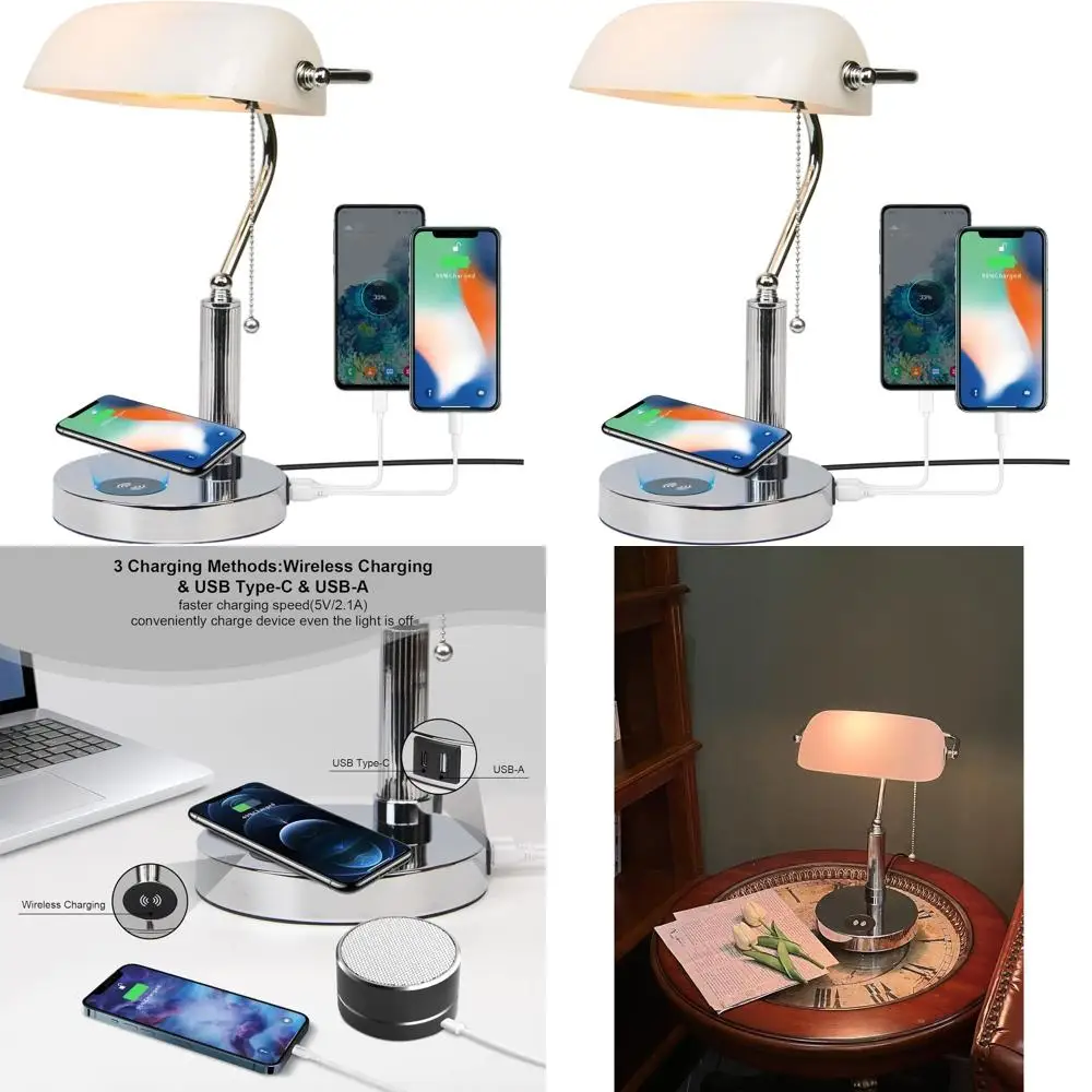 

Wireless Charging Desk Lamp with White Glass, 2 USB Ports, Metal Base, Modern Reading Light for Home, Office, and Study