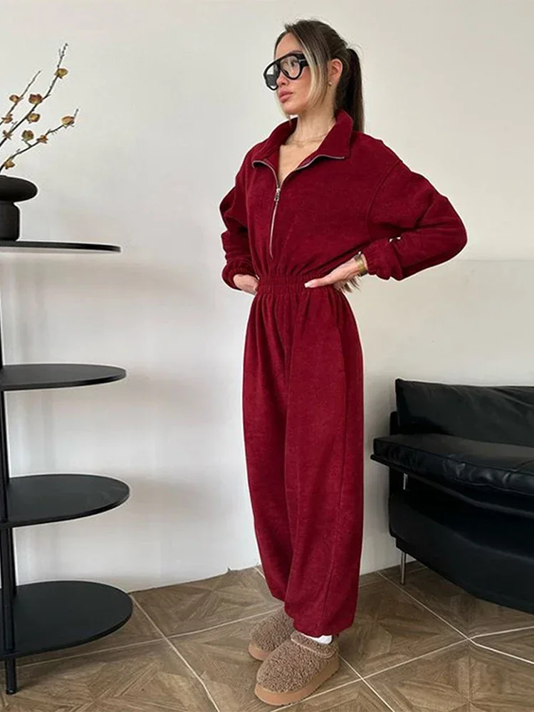 

Casual Sports Jumpsuits Women Laple Zipper Full Sleeve Elastic Waist Tracksuit Female 2025 Spring Autumn New Lady Baggy Jumpsuit