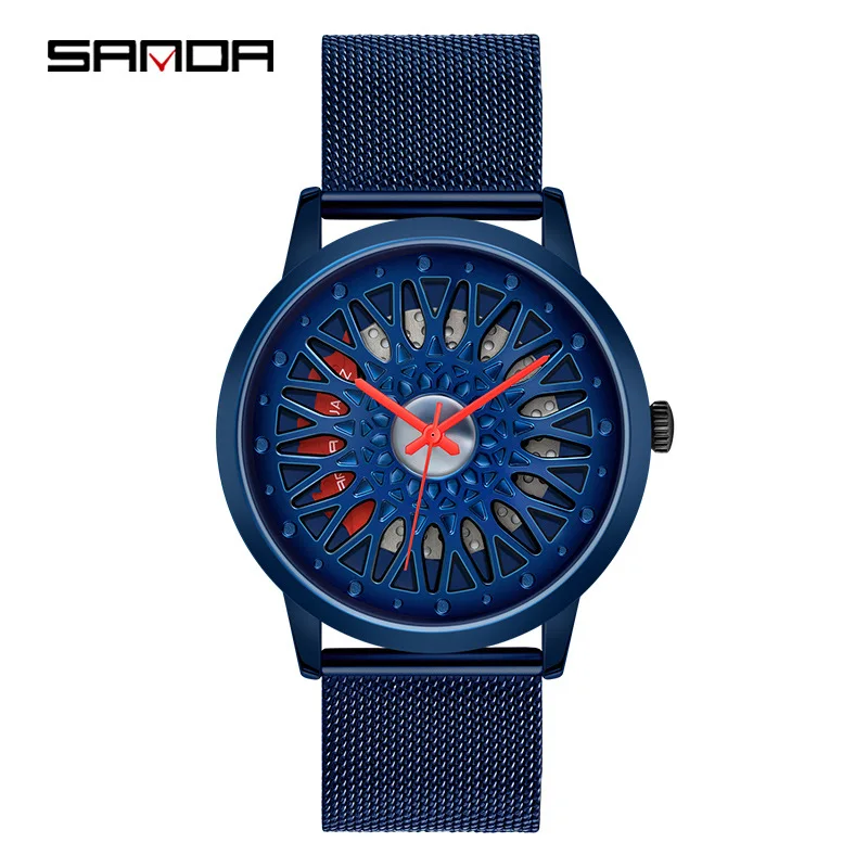 Sanda-ساعة يد تناظرية للرجال ، عجلة سيارة 1060 ، تصميم مجوف ، قرص منحوت ، حزام مضاد للمياه ، حركة كوارتز اختيارية ، موضة