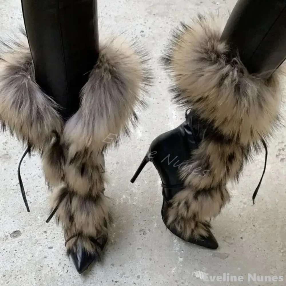 Furry Cross Straps Ankle Boots Women Black Leather Pointed Toe Stiletto Heel Luxury Mid Calf Boots Winter Catwalk Party Boots - Image 5