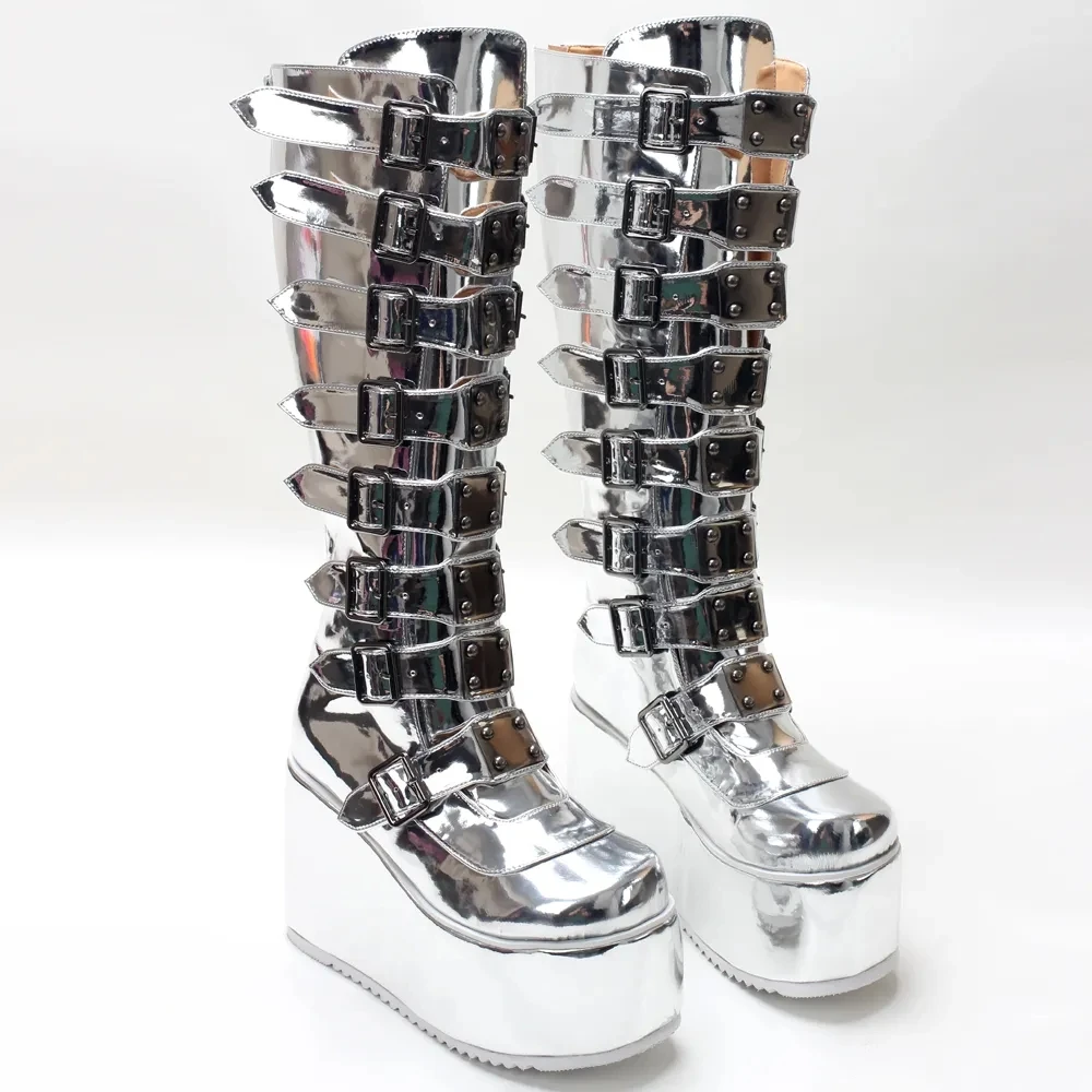 Brand New Women Punk Gothic Style Crystal Mirror 11cm High Platform Knight Cosplay Motorcycle Knee-High Boots