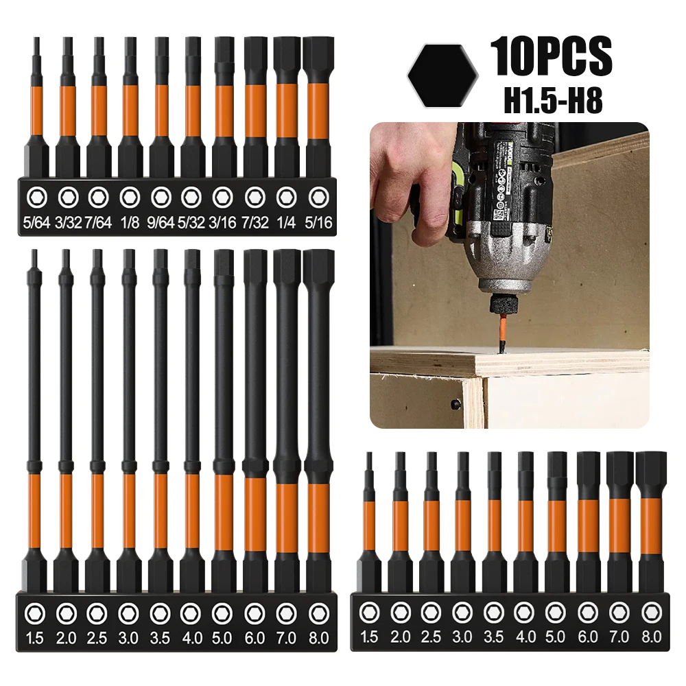 10pcs Impact Hex Head Allen Wrench Drill Bit Set ，50-100mm H1.5-H8 Hex-Shank S2 Steel Hex Screwdriver Bits Metric Magnetic