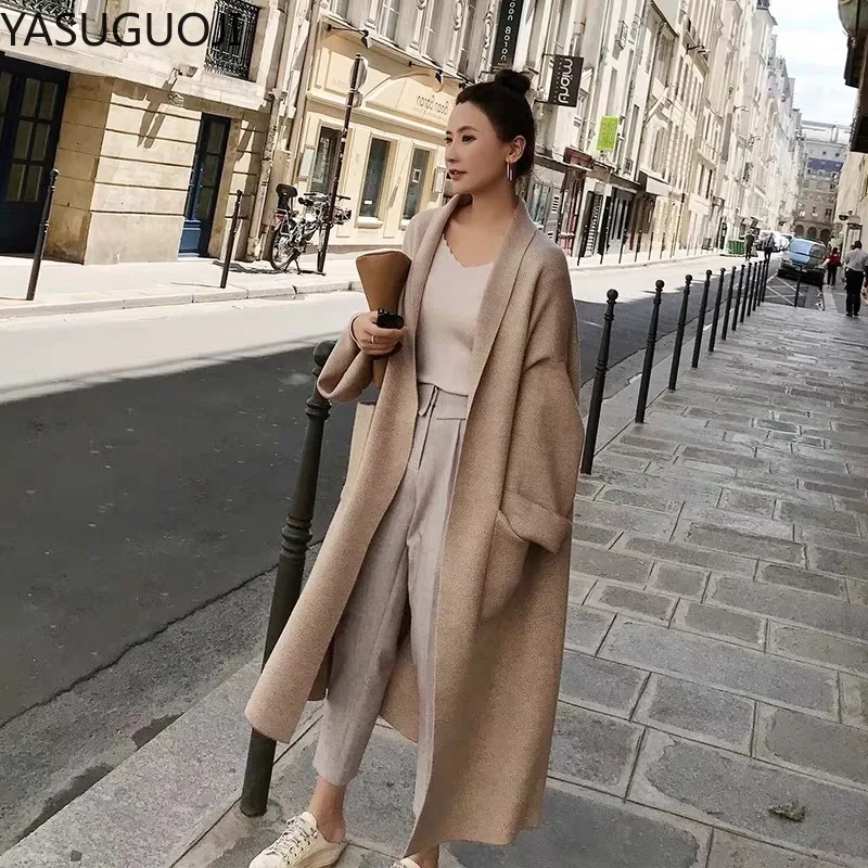 England Style Fashion Khaki Loose Open Stitch Long Cardigan Women 2023 Autumn Female Pockets Striped Knitted Sweater Coat Women