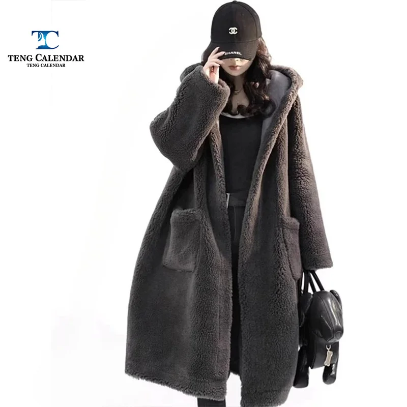 Imitation Fur, Gray Hooded Lambskin Wool, Loose and Thick Medium Length Deer Fur Coat, 2026 Women's Winter New Style