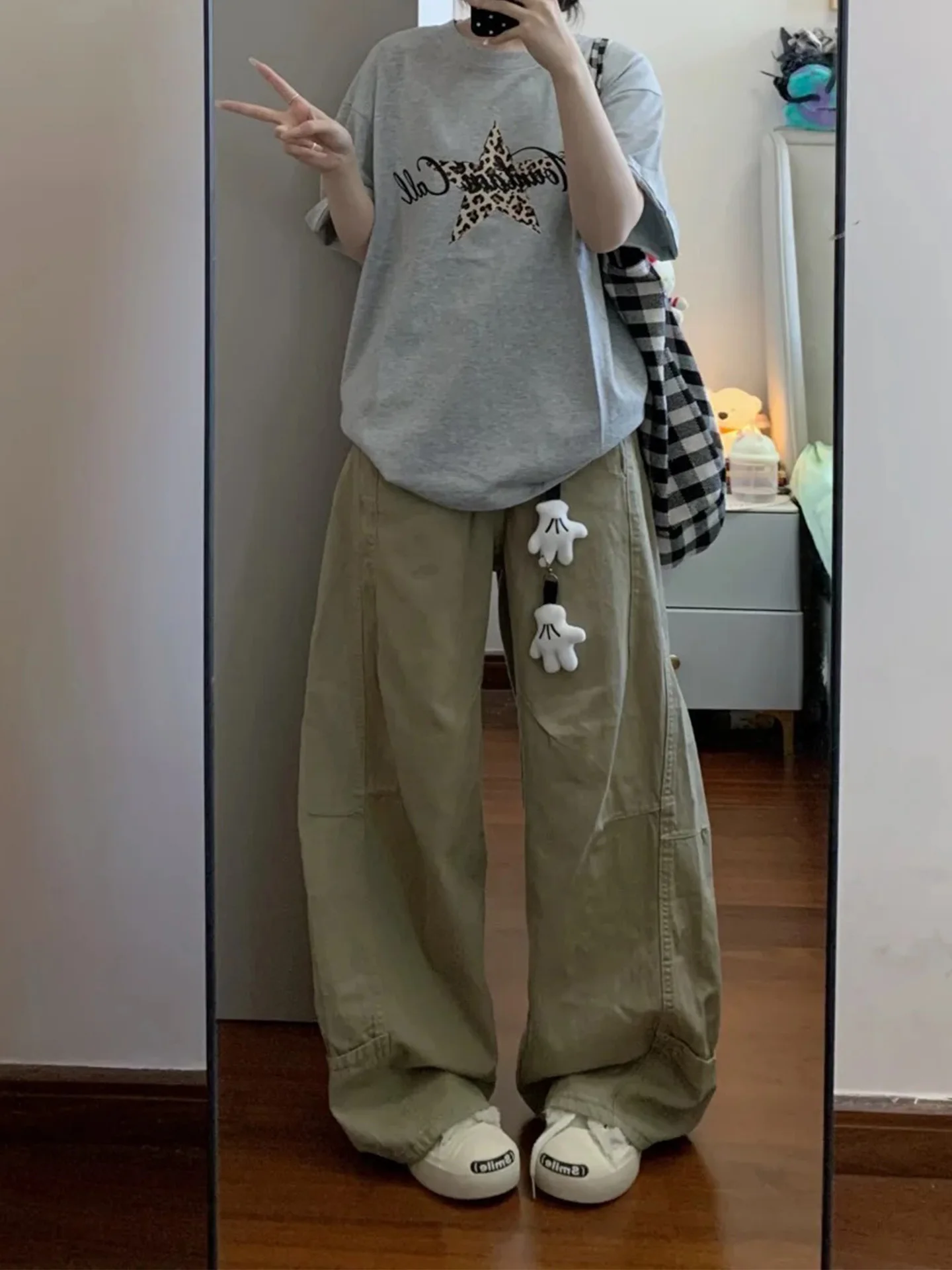 

plus Size Khaki Washed Slim Wide Leg Denim Jeans Women's Summer New Style American Lazy Style Small Size Jeans High Waist