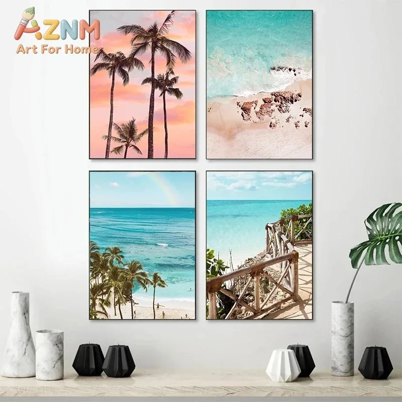 AZNM Retro Surf Beach Canvas Wall Art Vintage Camper Van Palm Tree Ocean Wave Surfer Scenery Print for Home Living Room Bedroom