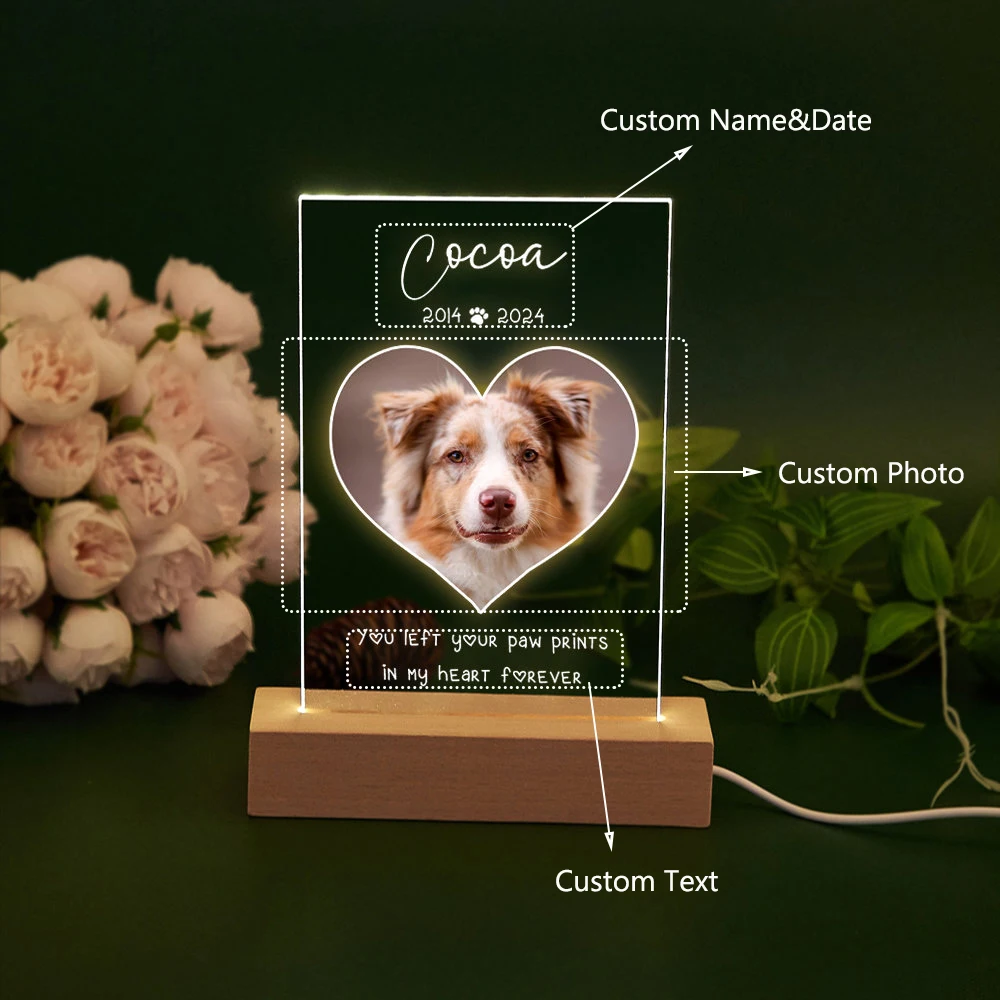 

Custom Acrylic Dog Cat Portrait Luminous Personalized Pet Photo Text Glowing Decor Pet Memorial Comfort for Lost Pets Family