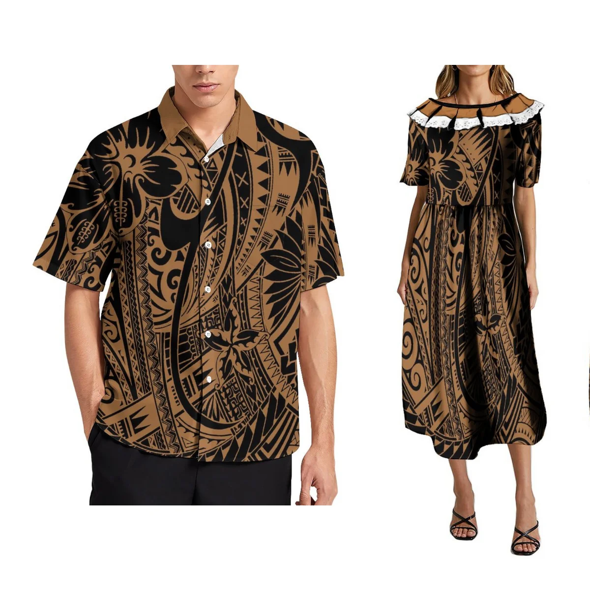 Blue Elegant Couple Set Samoan Tribal Design Men Shirt Hawaii Style Women Ruffle Long Dress Mumu New Polynesian Trends