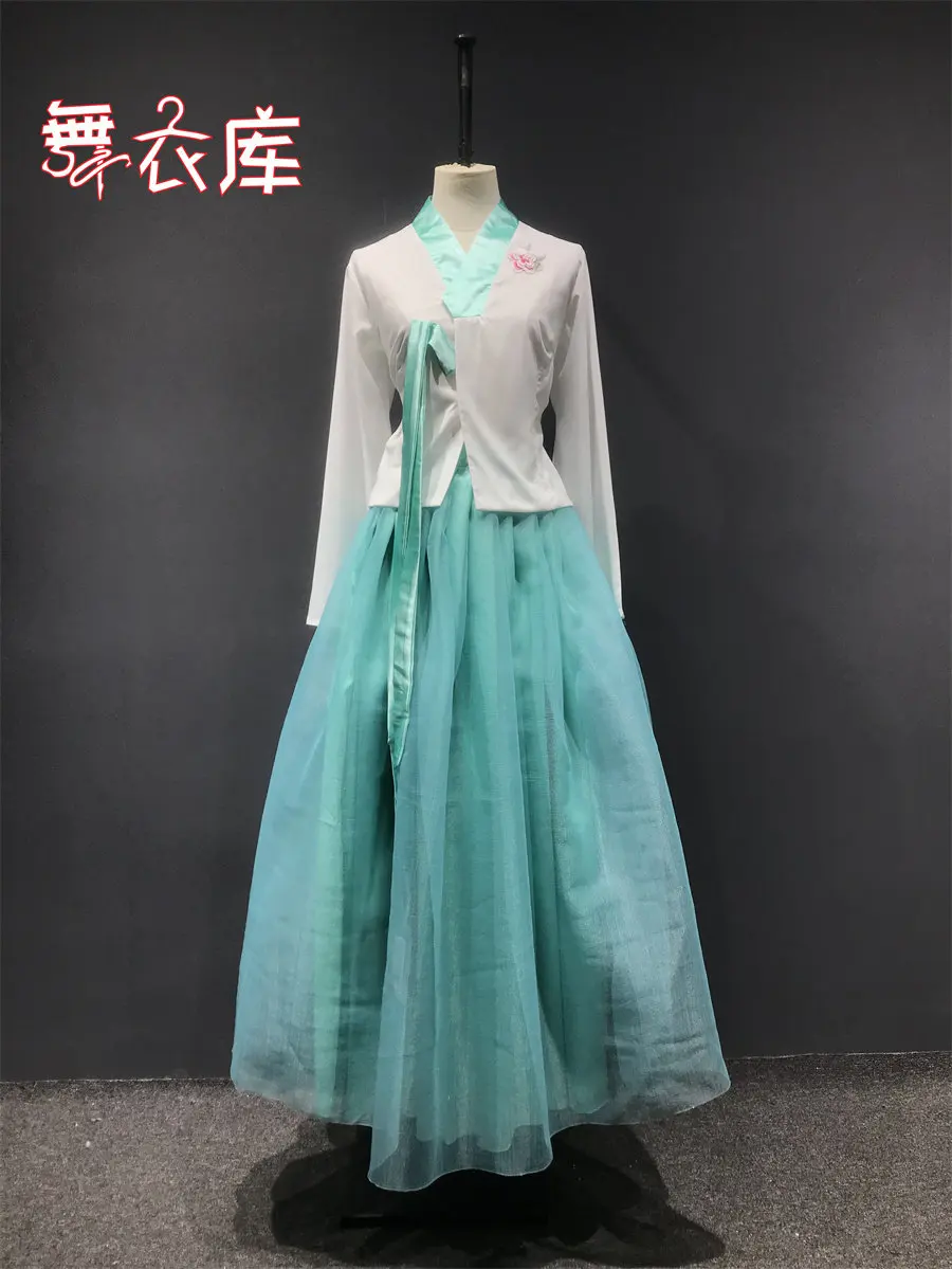 Women Modern Hanbok Korean Folk Dance Practice Costume White Top Mint Green Tulle Swing Skirt for Stage Performance Photoshoot