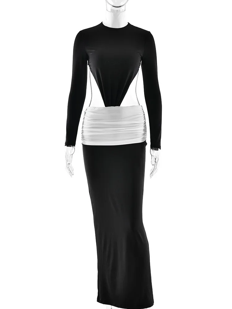 Xiaomiotang sem costas manga longa sexy maxi vestido feminino corte retalhos gola alta ruched bodycon clube festa vestido longo