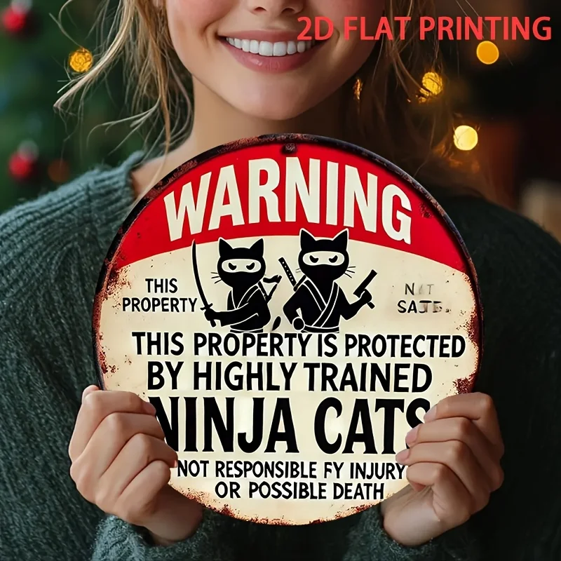 2D Flat, Ninja Cats Protect Property Humorous Wall Decor - 8 Inch Round Wrought Iron Sign with HD 2D Printing, American-Style Do