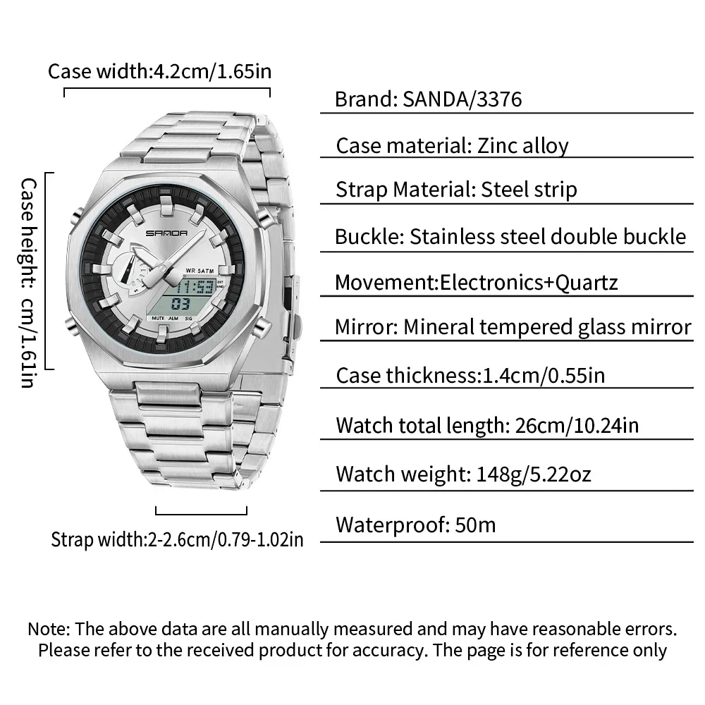 SANDA Luxury Man Electronic Watch Dual Display Countdown Alarm Clock Waterproof Watch Stainless Steel Quartz Male Sport Watch