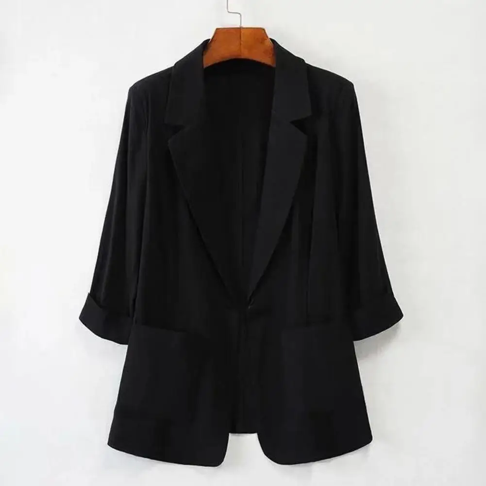 Suit Jacket Stylish Women's Lapel Suit Coat with 3/4 Sleeves Button Placket Lightweight Summer Jacket in Solid Color for Any
