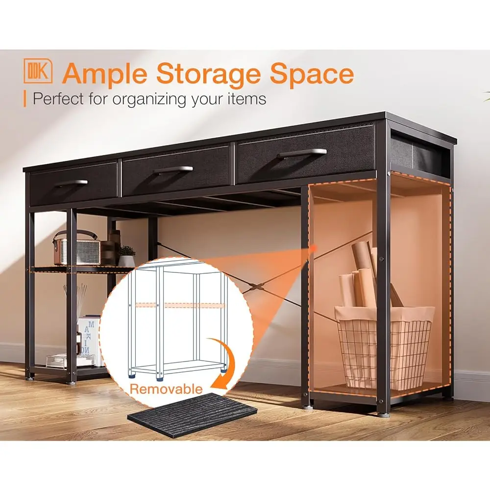 مكتب كمبيوتر صغير: طاولة منزلية مع أدراج قماشية وأرفف تخزين، مكتب كتابة حديث، أسود، 48 بوصة × 16 بوصة