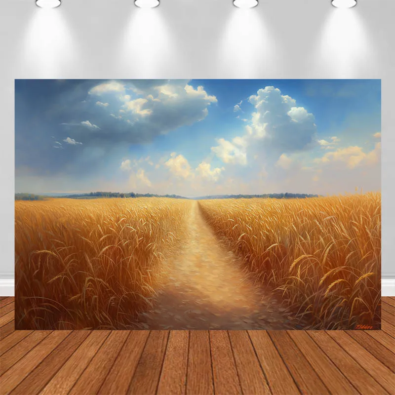 

LS Rustic-Style Photography Background Wheat Fields Blue Sky White Clouds Decor Adult Kids Portrait Photo Backdrop Studio