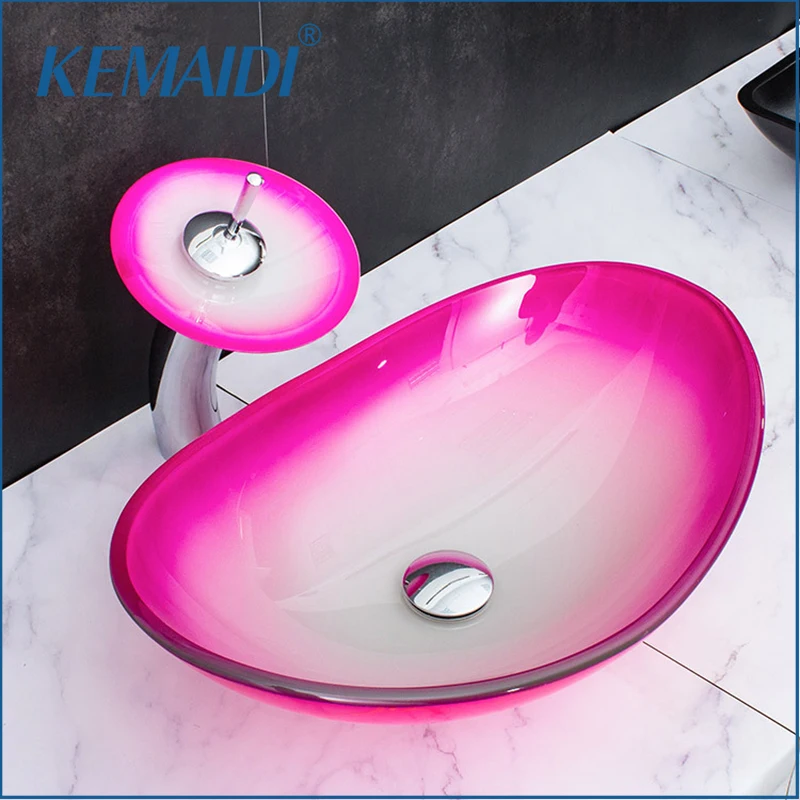 KEMAIDI Bathroom Vessel Sink Pink Gradient Countertop Sink and Faucet Set Tempered Glass Basin with Waterfall Tap Drain Combo