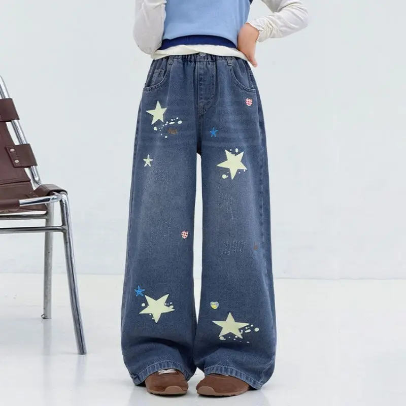 Girls Five Pointed Star Jeans 2026 Spring and Autumn New Children's Casual Pants Versatile Wide Leg Pants