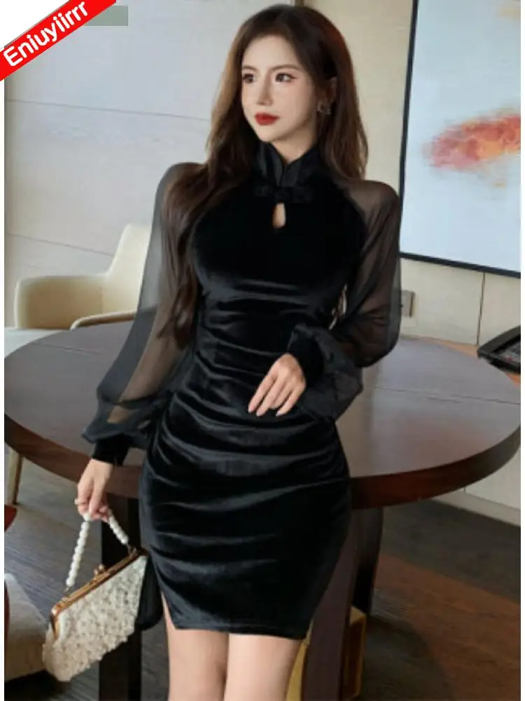 2023 novo ano primavera retalhos sexy pura malha bodycon gola vintage veludo francês preto mini elegante vestido de festa