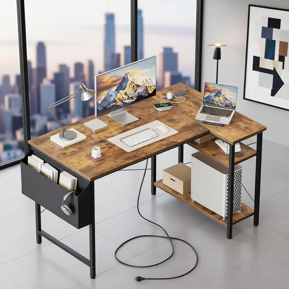 

Компактный игровой стол с розетками, небольшой угловой компьютерный стол для домашнего офиса, учебный письменный стол с двусторонними полками
