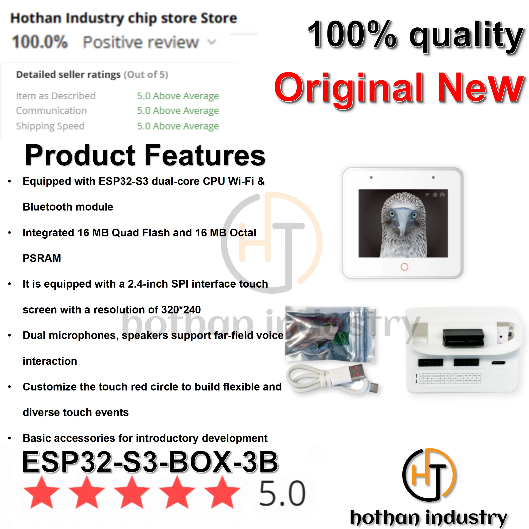 (1PCS)100% NEW ESP32-S3-BOX-3 ESP32-S3-DevKitC-1 16 MB Flash + 8 MB PSRAM USB-C I/O headers LCD Screen Microphones Speaker