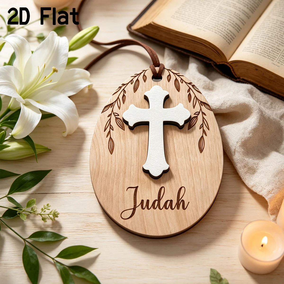 Personalized Cross Easter Wooden Ornament,Custom Oval Hanging Name Plaque,Christian Religious Pendant, Baptism Keepsake Gift