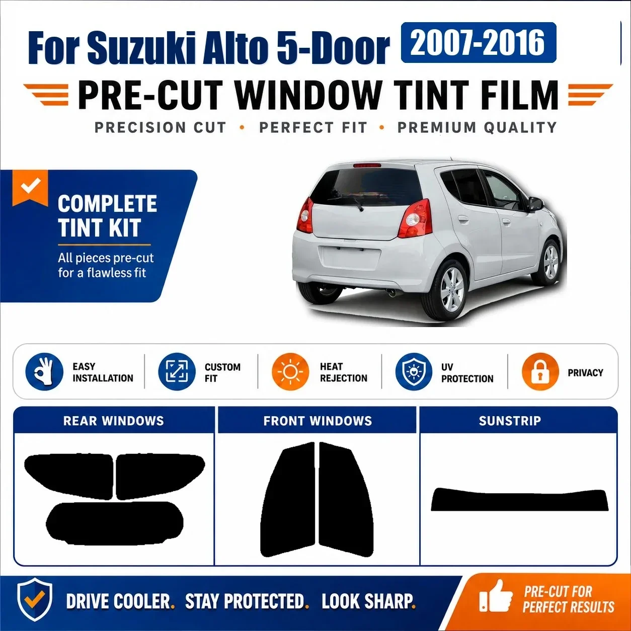 Premium Precut Window Tint for Suzuki Alto 5‑Door 2007‑2016 Front Rear Windows UV Heat Rejection Anti‑Scratch Privacy Film