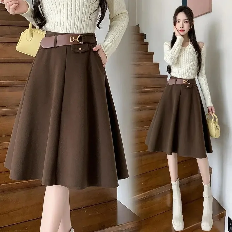 

Зимние женские шерстяные юбки А-силуэта средней длины, осенние модные однотонные длинные юбки, французские женские юбки макси с высокой талией