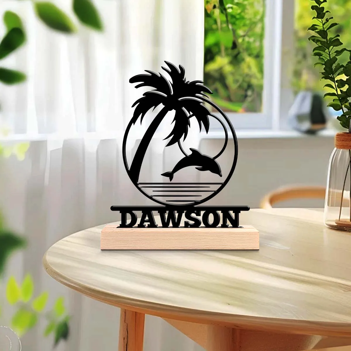 1Pc Csutom Coconut Tree Beach Wooden Base Metal Art Ornament,Home Office Hotel Cafe Club Decor,Ideal Gift for Family Friends