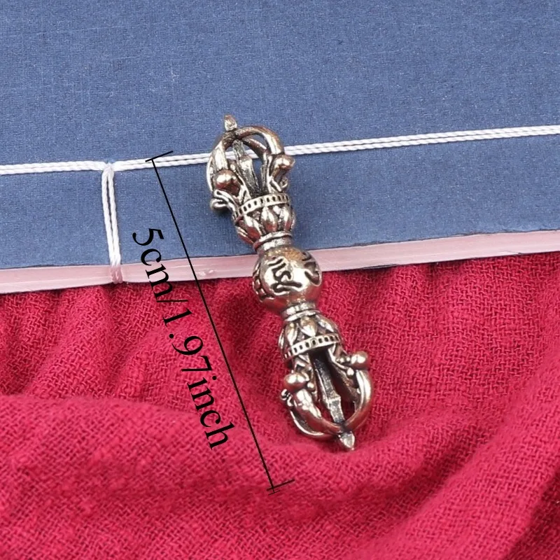 Vintage Brass Vajra Pendant, Dorje Amulet with Mantra Carving, Metal Craft Charm for Jewelry Making Keychain Desk Ornament