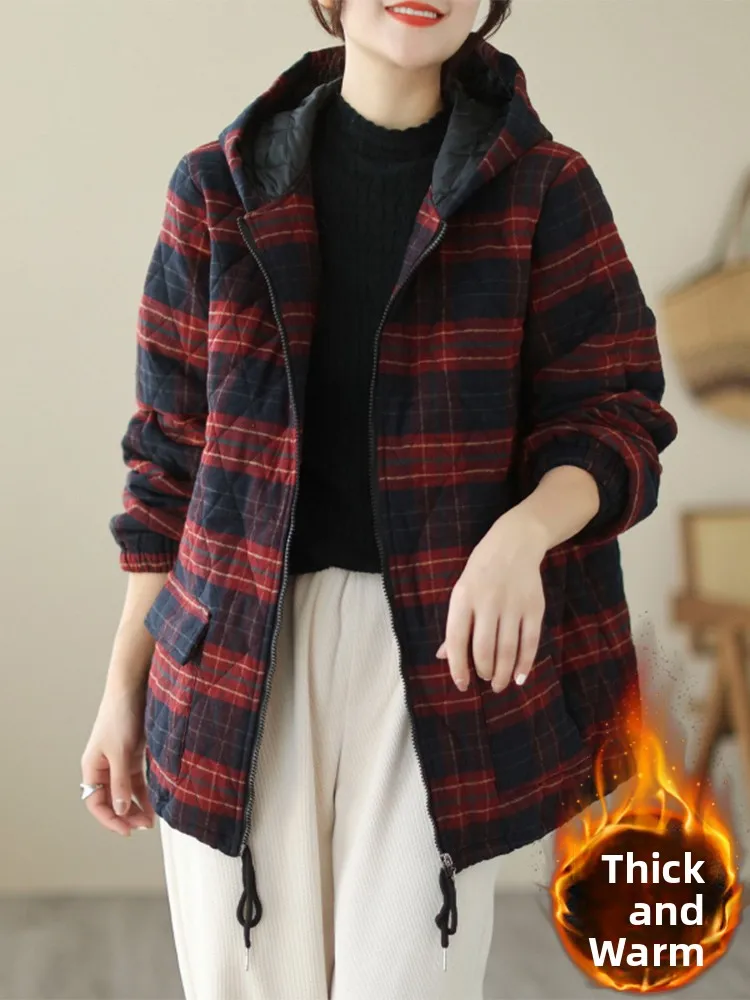 

Thiened Warm Plaid Hooded Cotton Jaet Women's Loose Fit Coat Single Button Closure Long Sve Winter Outerwear